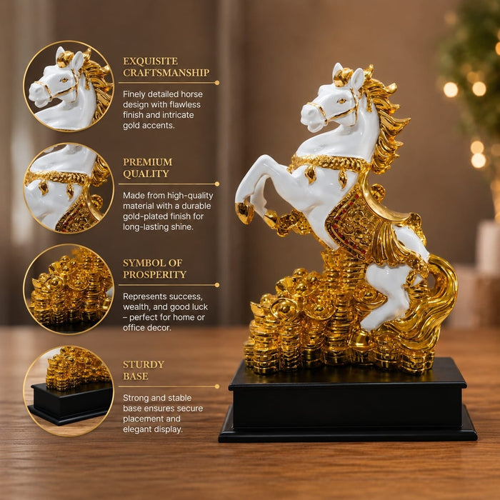 High-resolution craftsmanship detail shot displaying intricate ornamental work on Feng Shui Wealth Rearing Horse on Coins Resin Sculpture (13 Inch)