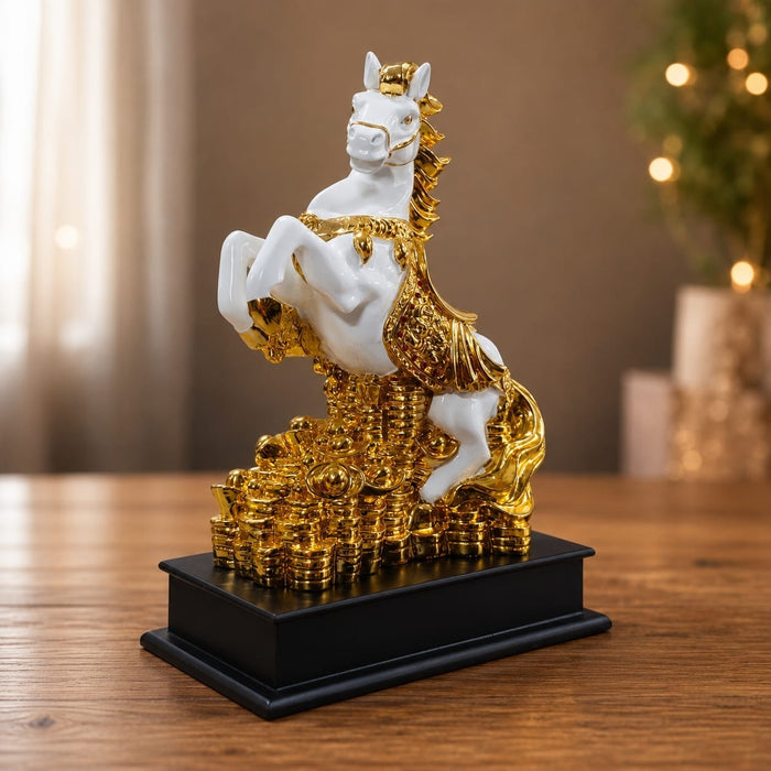 Product feature highlights and craftsmanship overview infographic for Feng Shui Wealth Rearing Horse on Coins Resin Sculpture (13 Inch)