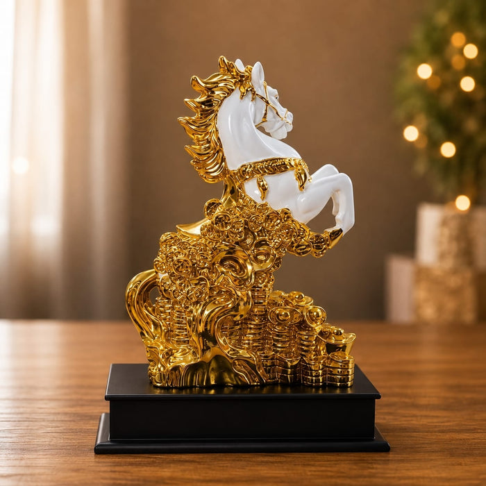Exact dimension guide and measurement chart showing height and proportions of Feng Shui Wealth Rearing Horse on Coins Resin Sculpture (13 Inch)