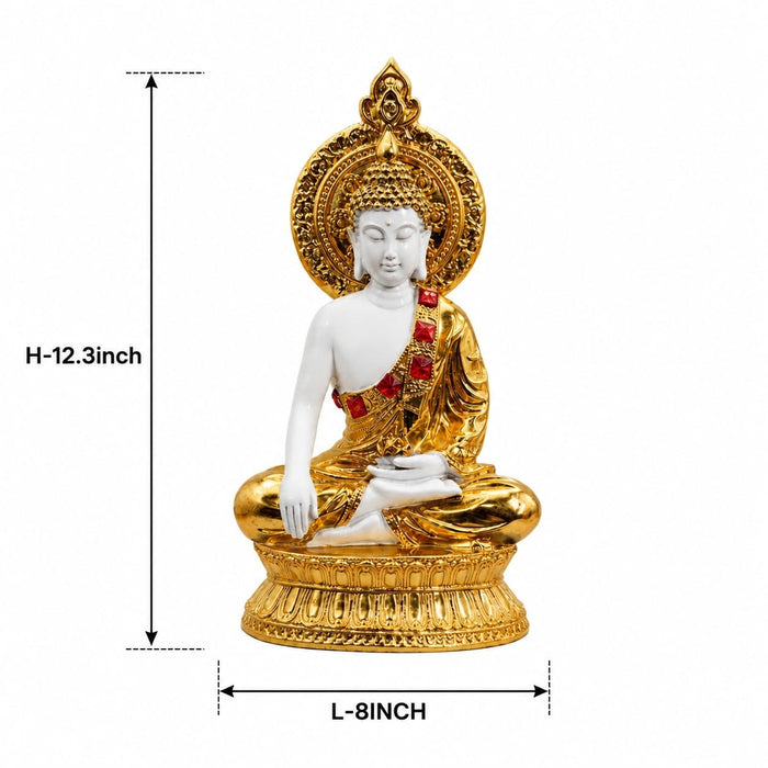 Three-quarter perspective angle view showcasing dynamic form and balanced proportions of Glossy Gold and White Meditating Buddha Resin Statue with Halo (12.3 Inch)