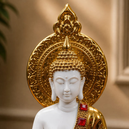 Detailed close-up of hand-painted accents, fine facial detailing, and premium Resin texture on Glossy Gold and White Meditating Buddha Resin Statue with Halo (12.3 Inch)