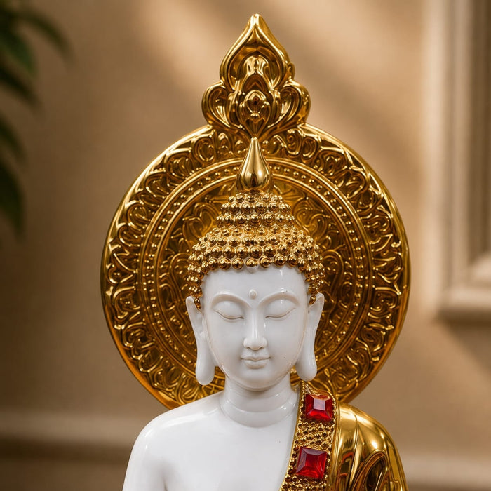 Detailed close-up of hand-painted accents, fine facial detailing, and premium Resin texture on Glossy Gold and White Meditating Buddha Resin Statue with Halo (12.3 Inch)