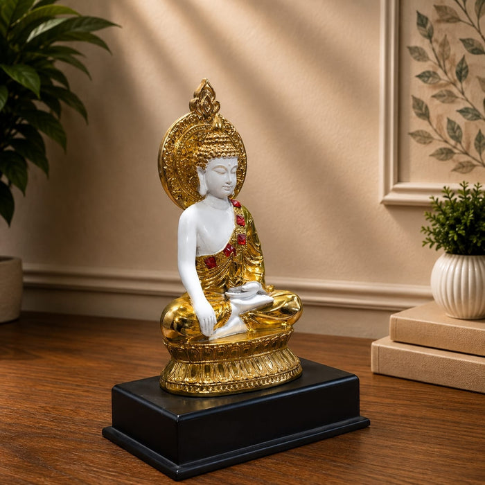 High-resolution craftsmanship detail shot displaying intricate ornamental work on Glossy Gold and White Meditating Buddha Resin Statue with Halo (12.3 Inch)