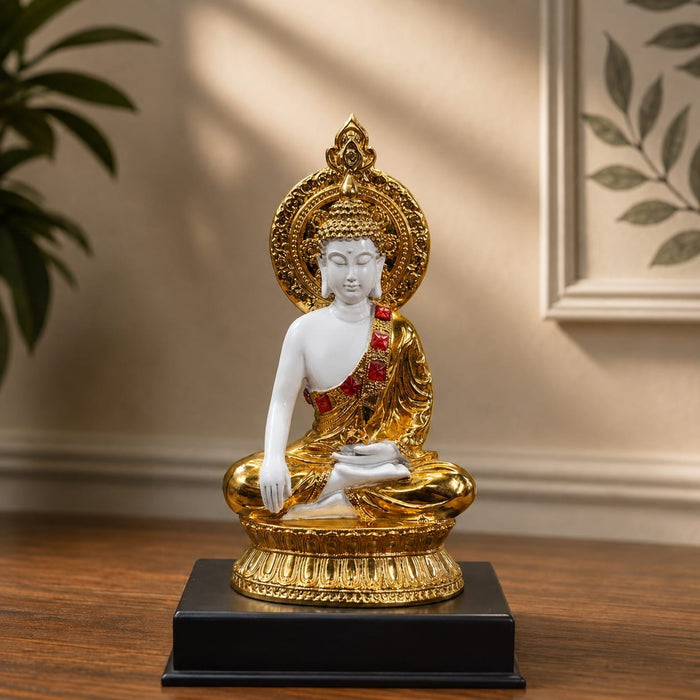 Product feature highlights and craftsmanship overview infographic for Glossy Gold and White Meditating Buddha Resin Statue with Halo (12.3 Inch)