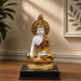 Product feature highlights and craftsmanship overview infographic for Glossy Gold and White Meditating Buddha Resin Statue with Halo (12.3 Inch)