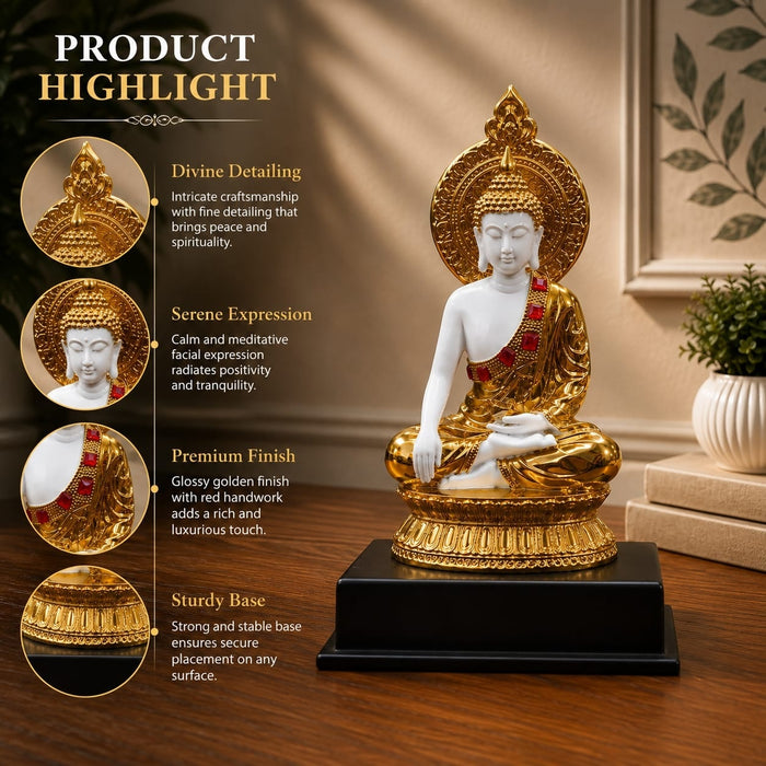 Full front view of Glossy Gold and White Meditating Buddha Resin Statue with Halo (12.3 Inch) on display base against clean studio background