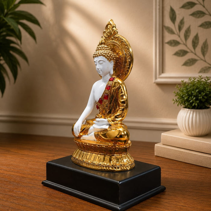 Side profile perspective showcasing elegant three-dimensional contours and sculptural depth of Glossy Gold and White Meditating Buddha Resin Statue with Halo (12.3 Inch)
