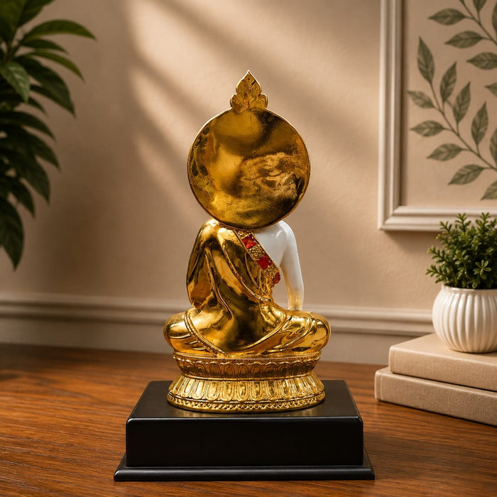 Exact dimension guide and measurement chart showing height and proportions of Glossy Gold and White Meditating Buddha Resin Statue with Halo (12.3 Inch)