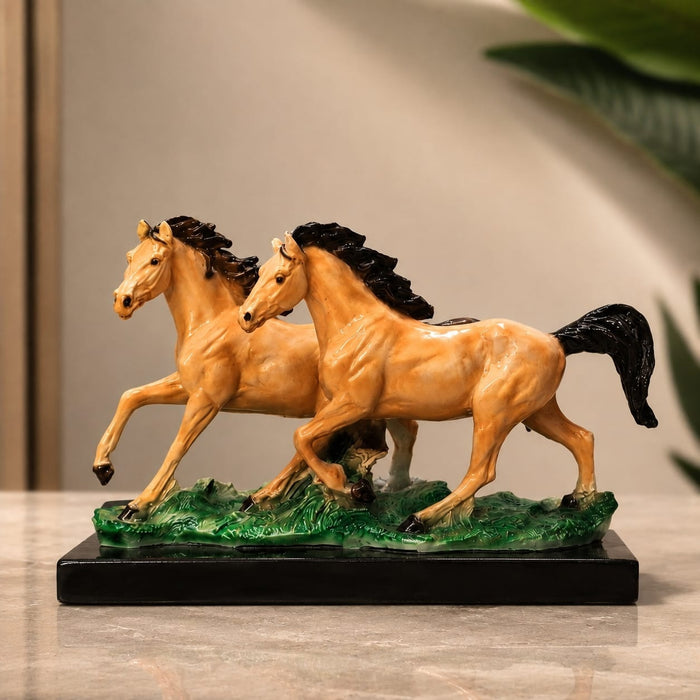 Three-quarter perspective angle view showcasing dynamic form and balanced proportions of Glossy Two Running Horses Resin Figurine on Grass Base (7.3 Inch)