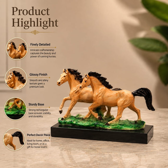 Detailed close-up of hand-painted accents, fine facial detailing, and premium Resin texture on Glossy Two Running Horses Resin Figurine on Grass Base (7.3 Inch)