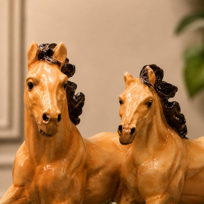 High-resolution craftsmanship detail shot displaying intricate ornamental work on Glossy Two Running Horses Resin Figurine on Grass Base (7.3 Inch)