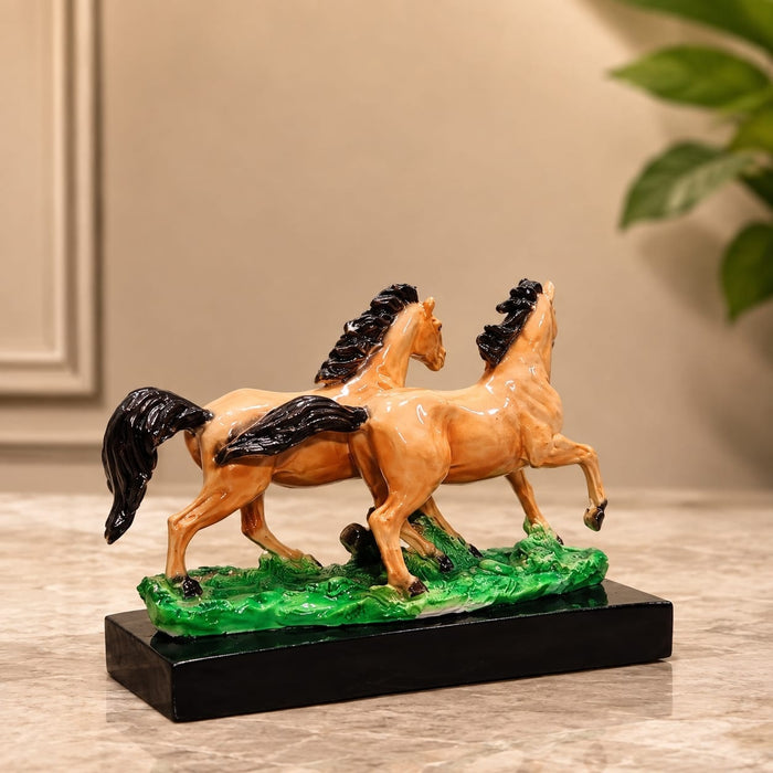 Product feature highlights and craftsmanship overview infographic for Glossy Two Running Horses Resin Figurine on Grass Base (7.3 Inch)
