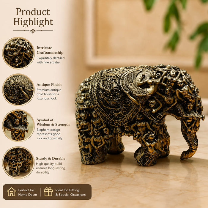 An angled perspective of the Gold Antique Elephant Figurine highlighting its elegant three-dimensional form and craftsmanship.