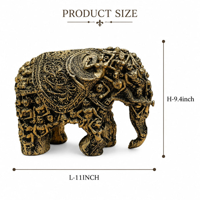 A dimensional diagram illustrating the exact height and width of the Gold Antique Elephant Figurine.