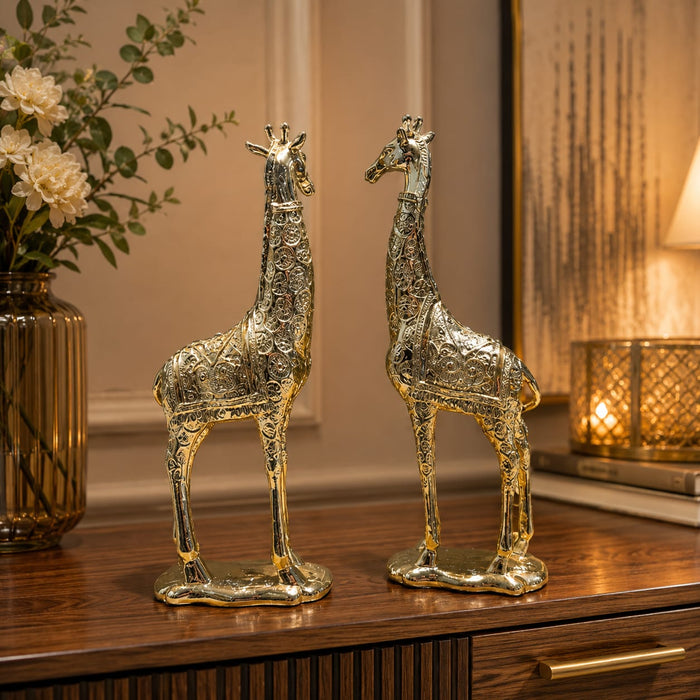 A direct front-facing view of the Gold Deer Pair Figurine showcasing its vibrant details and premium finish.