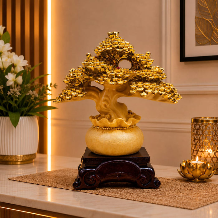 An angled perspective of the Gold Money Tree Showpiece highlighting its elegant three-dimensional form and craftsmanship.