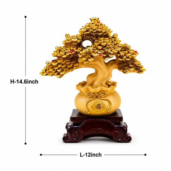 A dimensional diagram illustrating the exact height and width of the Gold Money Tree Showpiece.