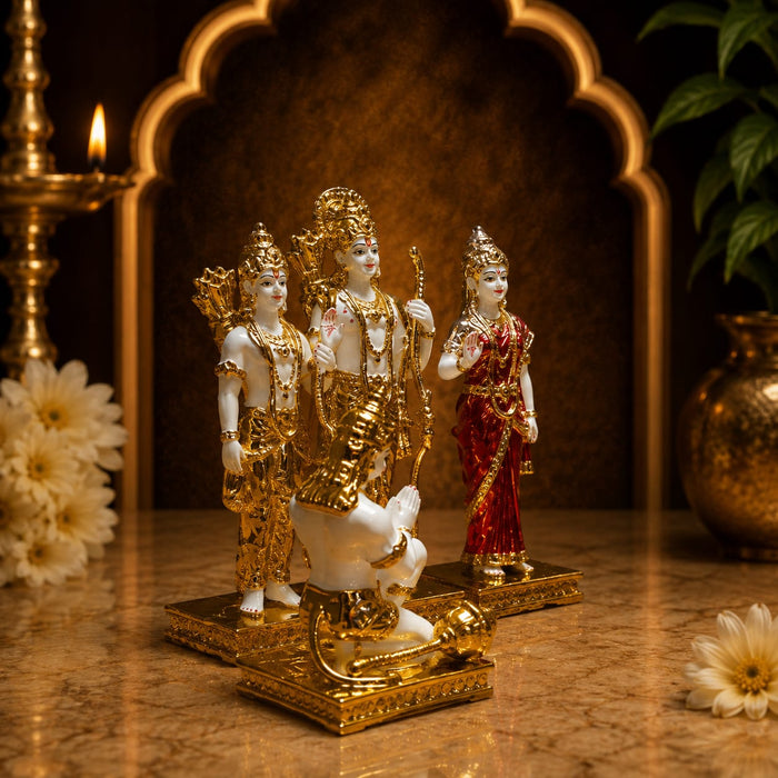 An angled perspective of the Gold Ram Darbar Murti highlighting its elegant three-dimensional form and craftsmanship.