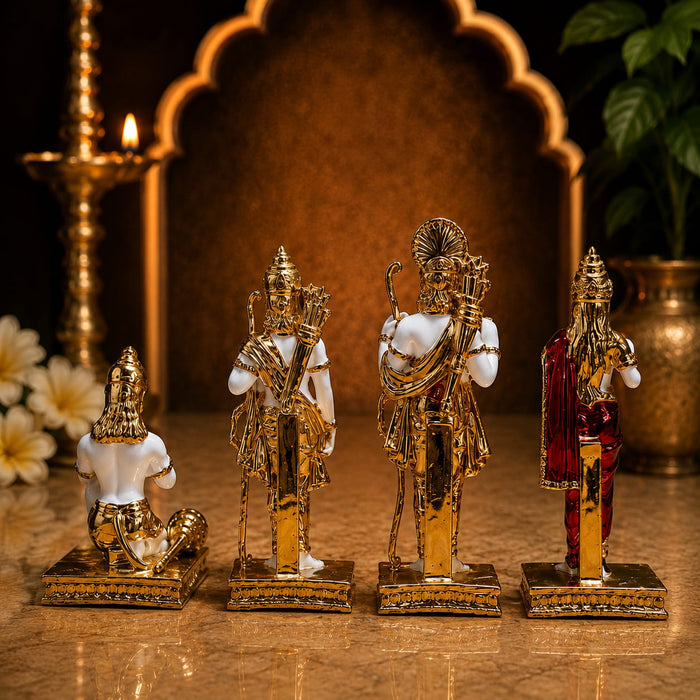 A close-up detail shot of the Gold Ram Darbar Murti focusing on the artisanal carving and rich color.