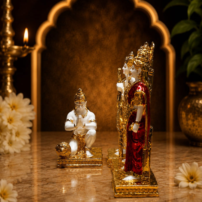 A direct front-facing view of the Gold Ram Darbar Murti showcasing its vibrant details and premium finish.