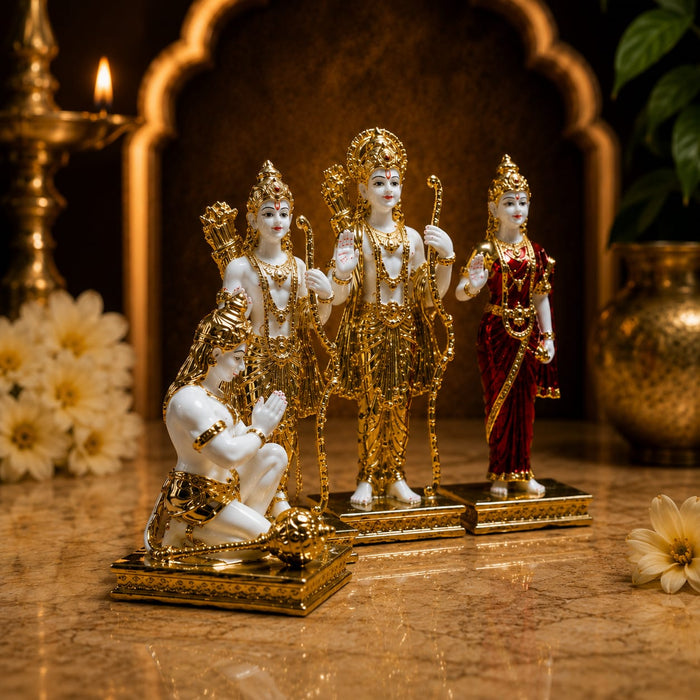 The Gold Ram Darbar Murti beautifully styled in a modern home interior setting to inspire decor placement.