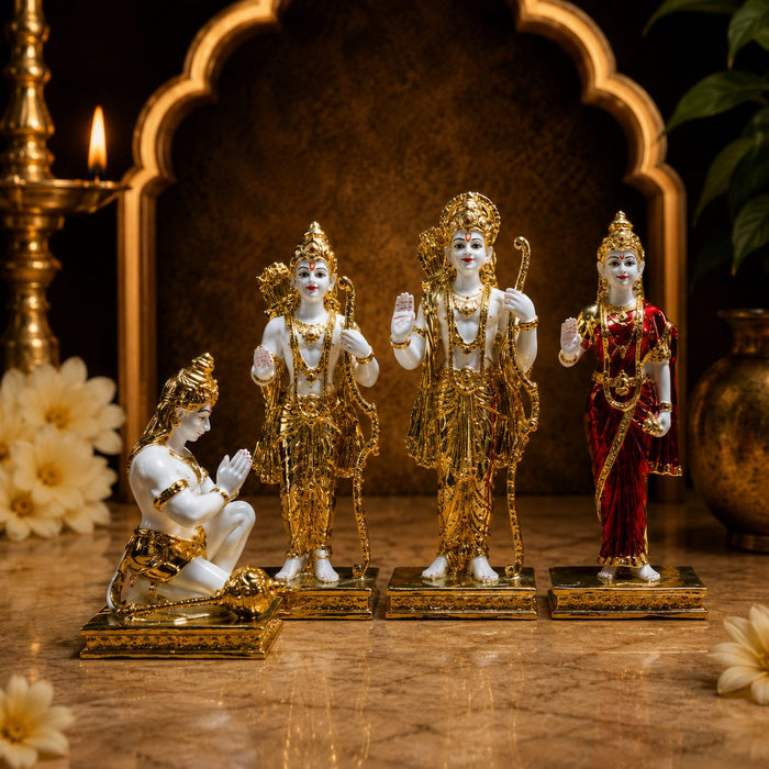 A side profile view of the Gold Ram Darbar Murti revealing its graceful silhouette.