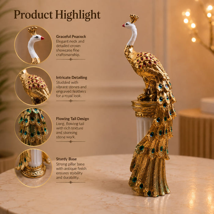 A direct front-facing view of the Gold Standing Peacock Figurine showcasing its vibrant details and premium finish.
