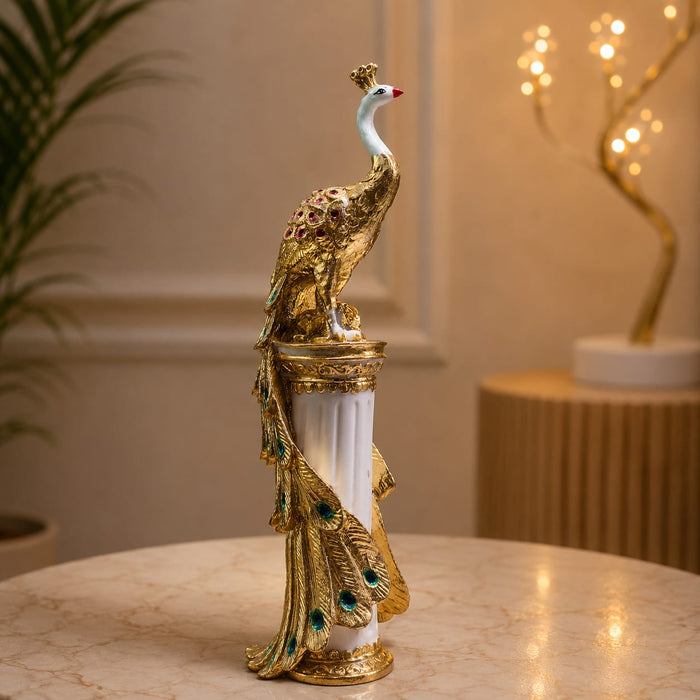 The Gold Standing Peacock Figurine beautifully styled in a modern home interior setting to inspire decor placement.