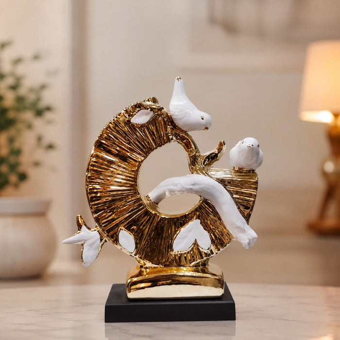 Modern Gold & White Porcelain Birds on Crescent Moon Sculpture - Shot 3