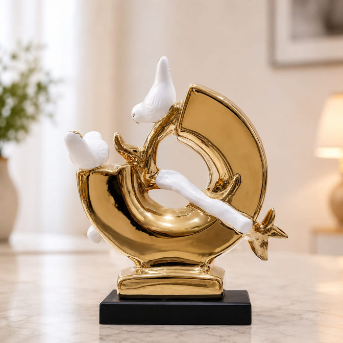 Modern Gold & White Porcelain Birds on Crescent Moon Sculpture - Shot 2