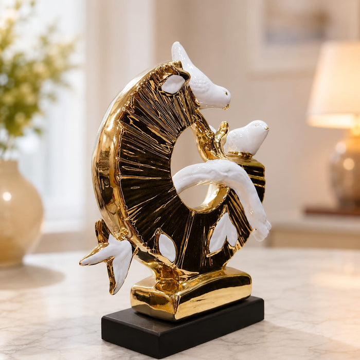 Modern Gold & White Porcelain Birds on Crescent Moon Sculpture - Shot 1