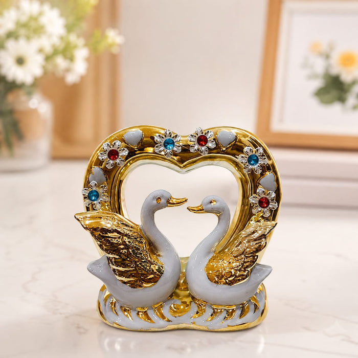 Romantic White & Gold Porcelain Swan Pair in Jeweled Heart Frame Statue (7 Inch) - Shot 3