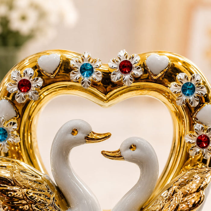 Romantic White & Gold Porcelain Swan Pair in Jeweled Heart Frame Statue (7 Inch) - Shot 4