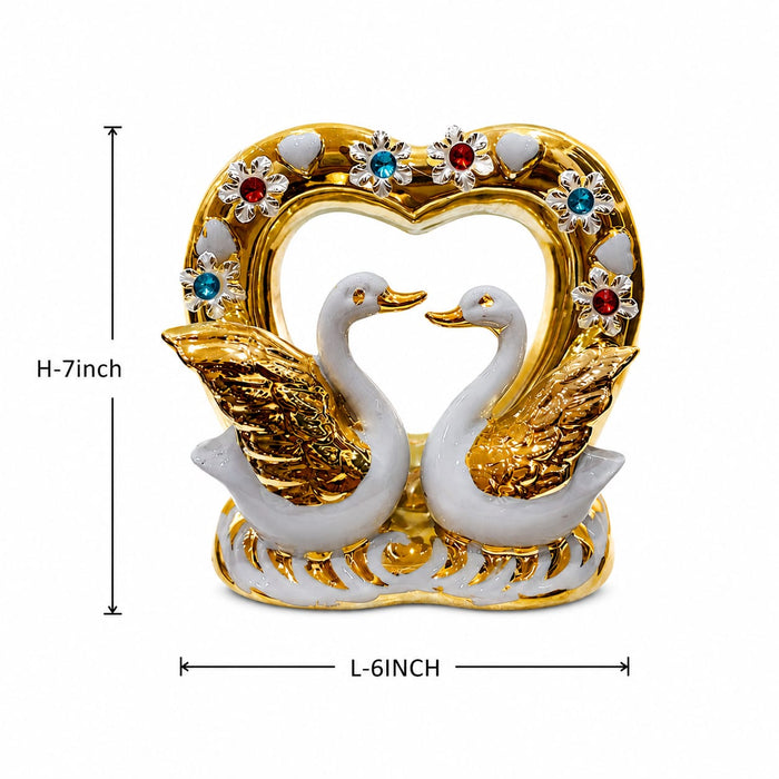 Romantic White & Gold Porcelain Swan Pair in Jeweled Heart Frame Statue (7 Inch) - Shot 5
