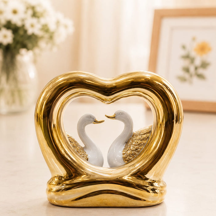 Romantic White & Gold Porcelain Swan Pair in Jeweled Heart Frame Statue (7 Inch) - Shot 1