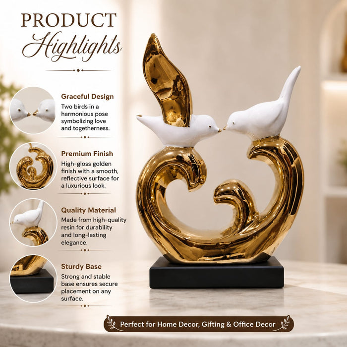 Luxury Gold & White Porcelain Kissing Birds Sculpture on Black Base (13 Inch) - Shot 5
