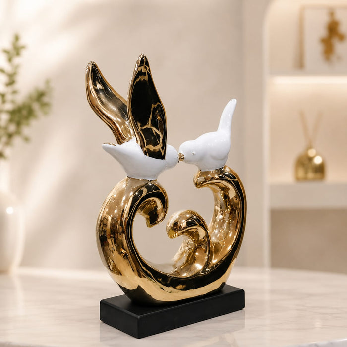 Luxury Gold & White Porcelain Kissing Birds Sculpture on Black Base (13 Inch) - Shot 2