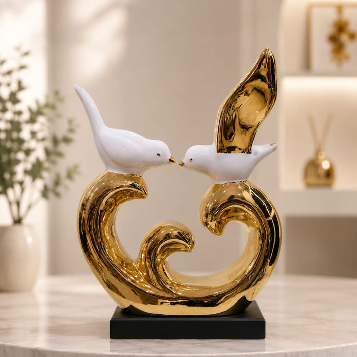 Luxury Gold & White Porcelain Kissing Birds Sculpture on Black Base (13 Inch) - Shot 1