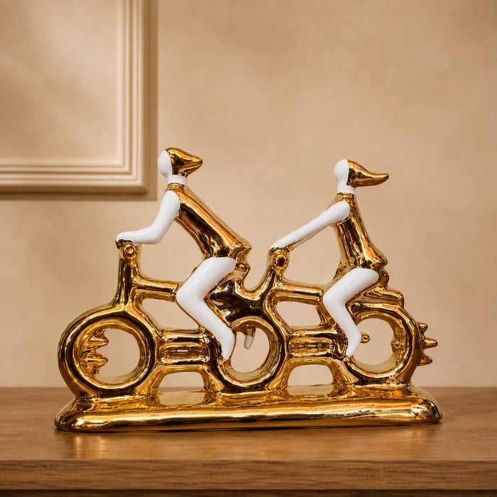 Modern Gold & White Porcelain Tandem Bicycle Couple Showpiece (9.2 Inch) - Shot 1