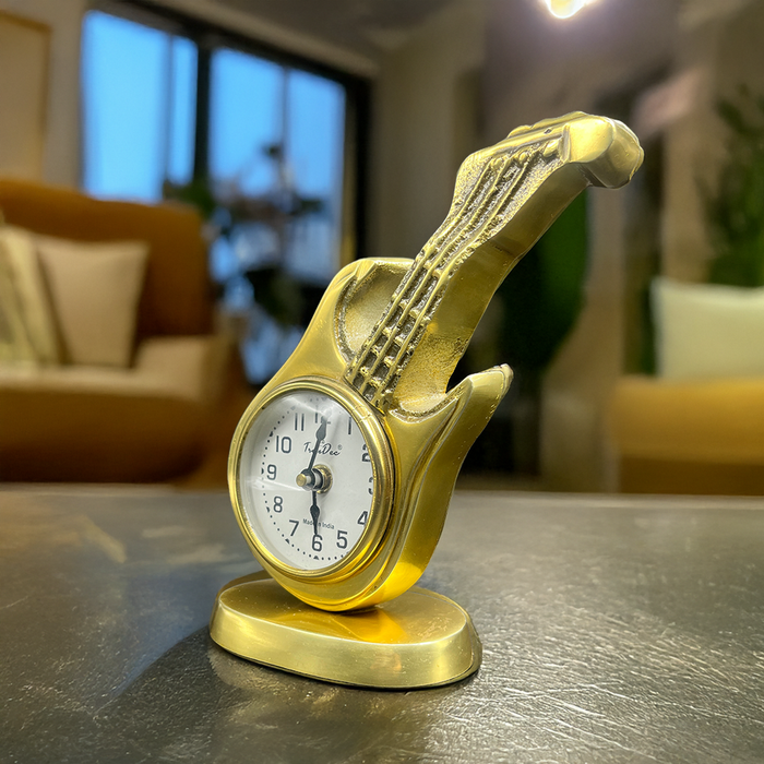 Striking Guitar-Themed Gold Table Clock for Music Enthusiasts