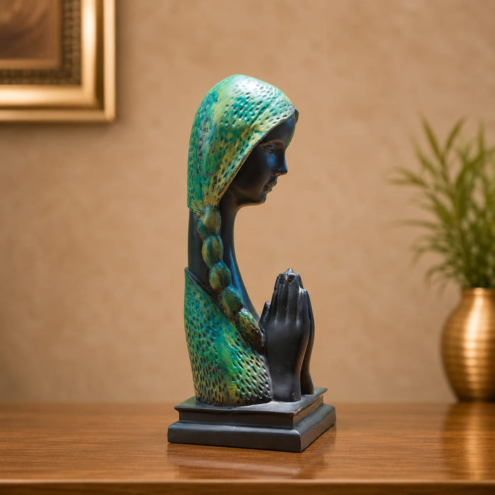 The detailed back view of the Green Abstract Face Sculpture showing the intricate texture of the material.