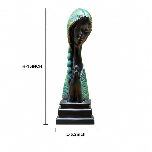 A dimensional diagram illustrating the exact height and width of the Green Abstract Face Sculpture.