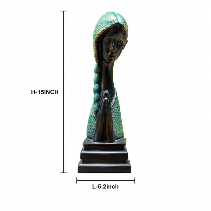 A dimensional diagram illustrating the exact height and width of the Green Abstract Face Sculpture.