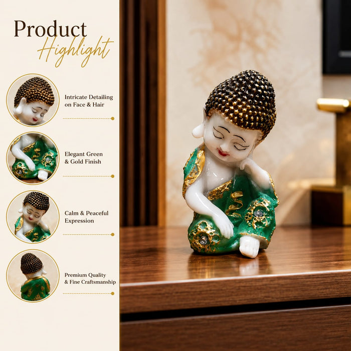 A direct front-facing view of the Green Little Buddha Figurine showcasing its vibrant details and premium finish.
