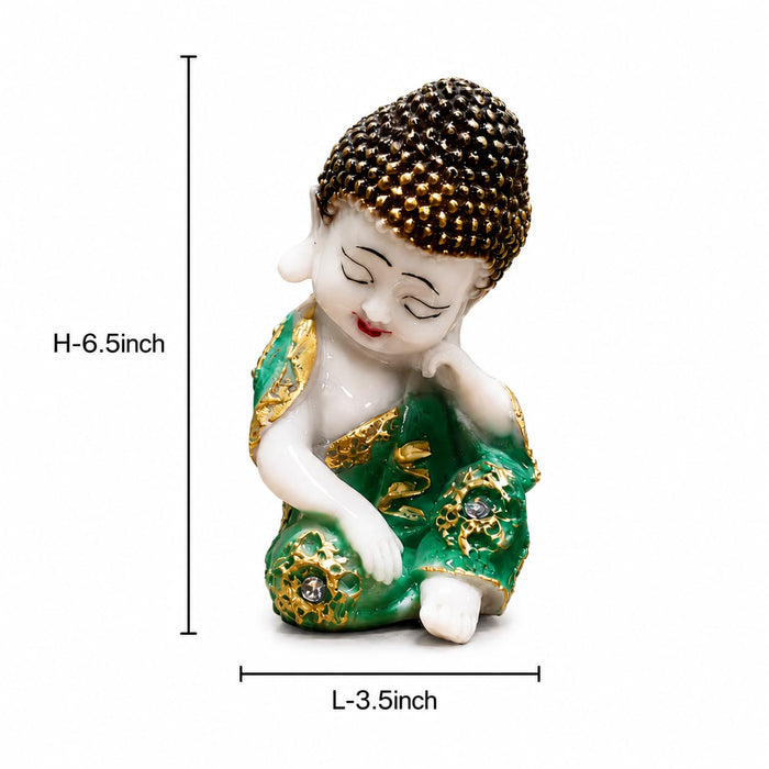 A dimensional diagram illustrating the exact height and width of the Green Little Buddha Figurine.