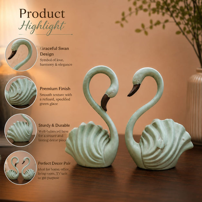 A direct front-facing view of the Green Swan Pair Figurine showcasing its vibrant details and premium finish.