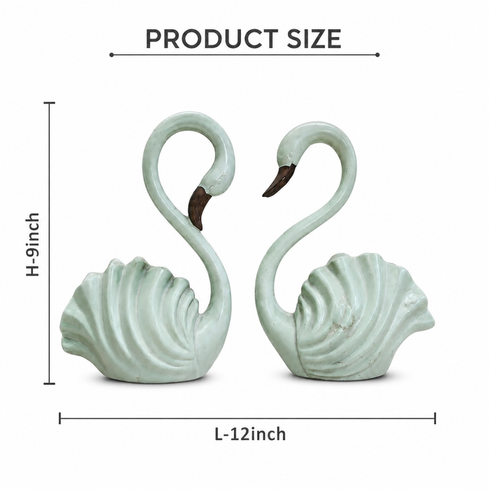 A dimensional diagram illustrating the exact height and width of the Green Swan Pair Figurine.