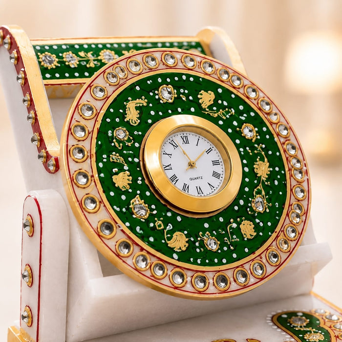 Three-quarter perspective angle view showcasing dynamic form and balanced proportions of Handcrafted Marble Clock with Pen Stand and Peacock Base (5 Inch)