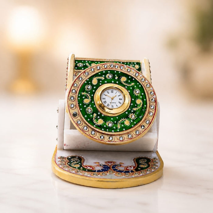 Full front view of Handcrafted Marble Clock with Pen Stand and Peacock Base (5 Inch)