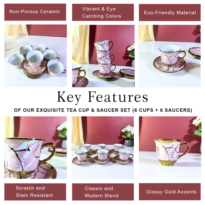 Luxe Pink Marble Ceramic Tea Cup & Saucer Set of 12 Pieces (6 Cups + 6 Saucers) with Gold Rim & Handle